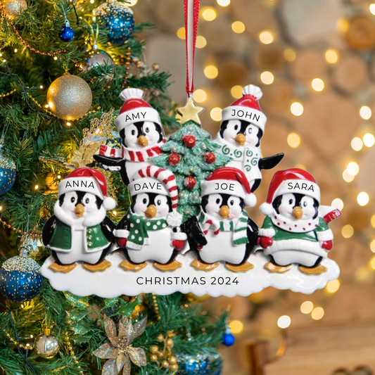 Personalized Winter Penguin Family of 6 Ornament - Custom Holiday Gift
