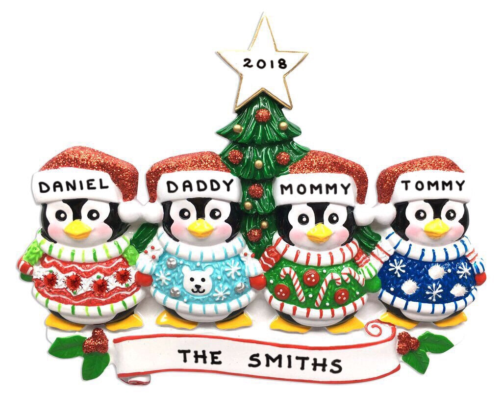 Christmas Sweater Penguin Family of 4 Ornament - Personalized by Santa - Canada